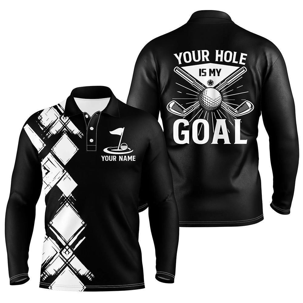 Black And White Argyle Pattern Men Golf Polo Shirts Custom Golf Outfits Men Your Hole Is My Goal, Golf Polo Shirt, Golf Shirts