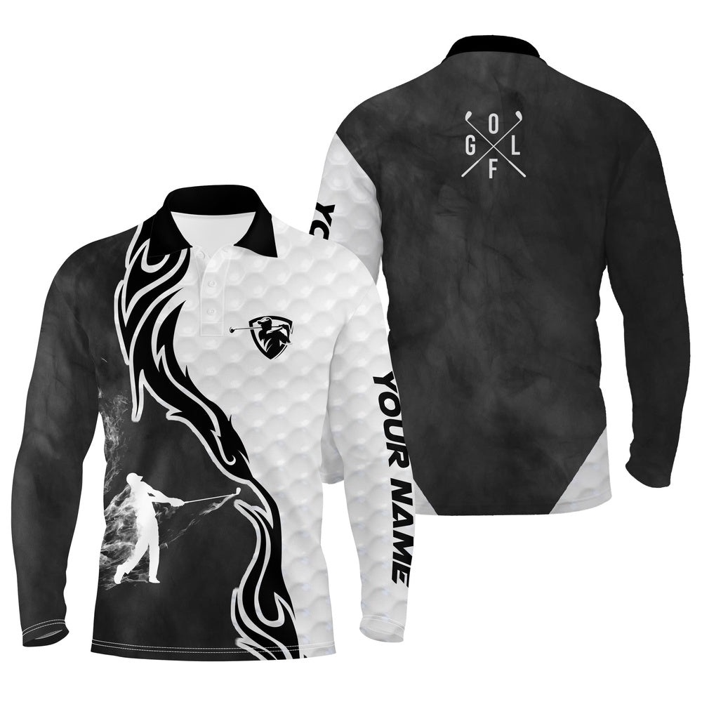 Black And White Golf Player Long Sleeve Golf Polo Shirts For Men’s Custom Name Golfer Gifts, Golf Polo Shirt, Golf Shirts