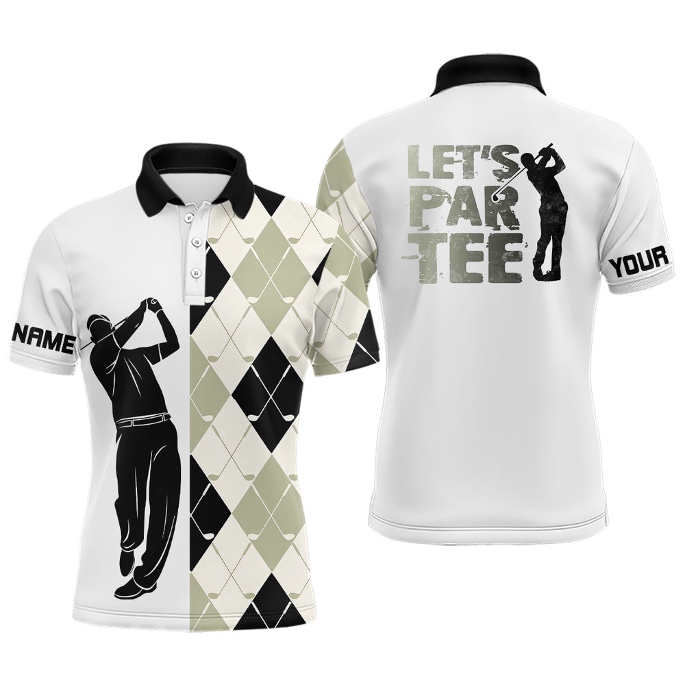 Black And White Golf Shirt Argyle Pattern Golf Clubs Custom Name Men’s Golf Polo Shirt Let’S Par Tee, Golf Polo Shirt, Golf Shirts