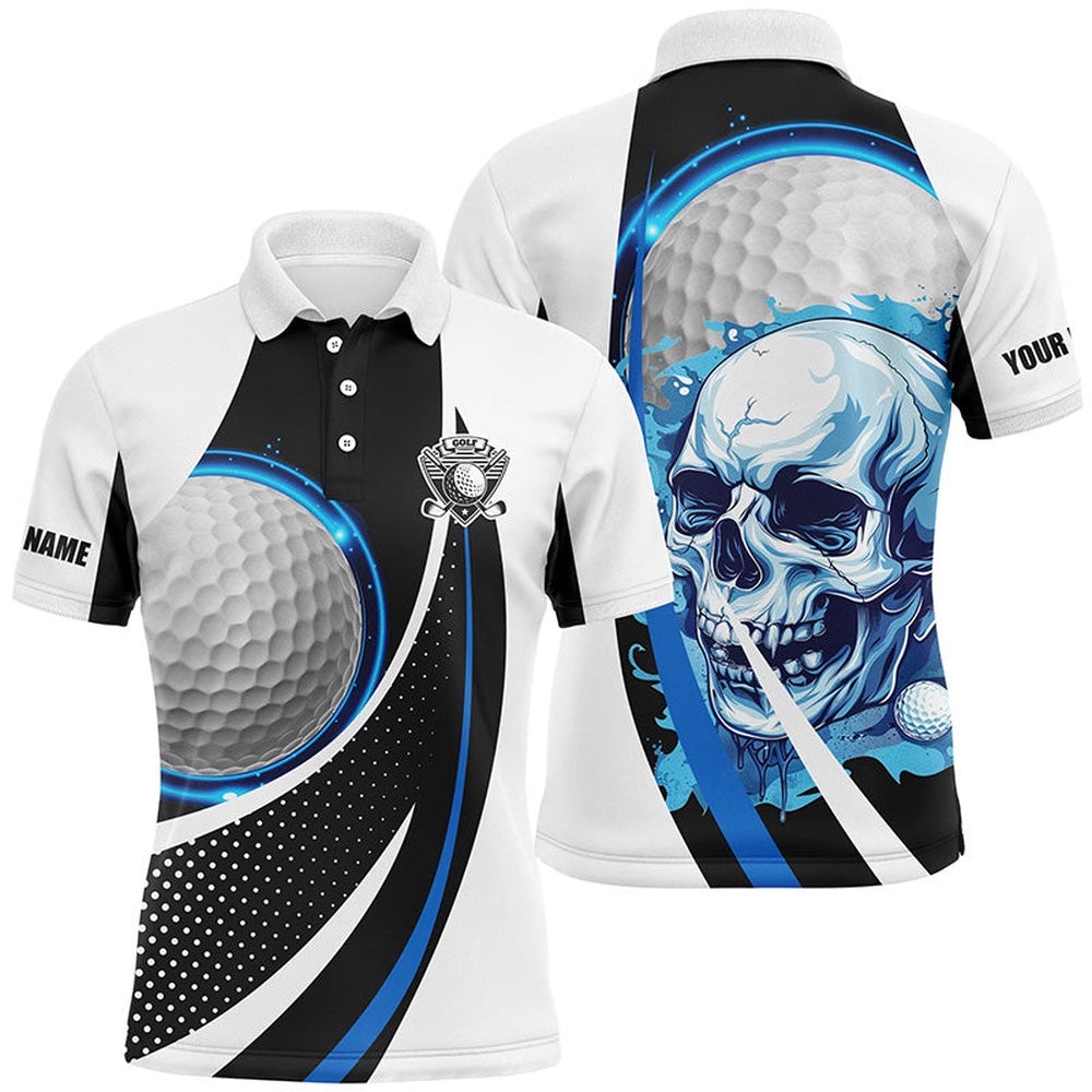 Black And White Golf Skull Men’s Golf Polo Shirt Custom Golf Attire For Men, Gifts For Golfer Blue, Golf Polo Shirt, Golf Shirts