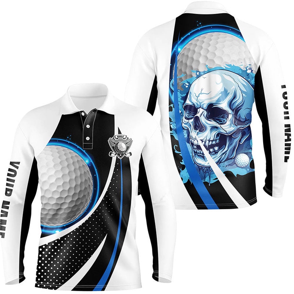 Black And White Golf Skull Men’s Golf Polo Shirt Custom Golf Attire For Men, Gifts For Golfer Blue, Golf Polo Shirt, Golf Shirts