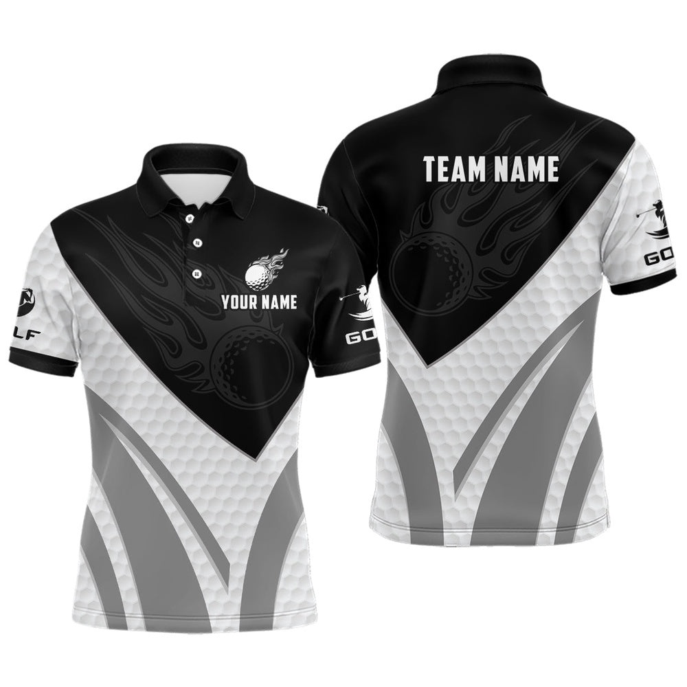 Black And White Men Golf Polo Shirts Custom Golf Ball Fire Men’s Printed Golf Shirts, Golf Polo Shirt, Golf Shirts