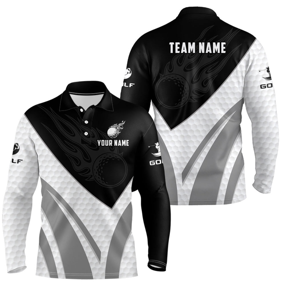 Black And White Men Golf Polo Shirts Custom Golf Ball Fire Men’s Printed Golf Shirts, Golf Polo Shirt, Golf Shirts