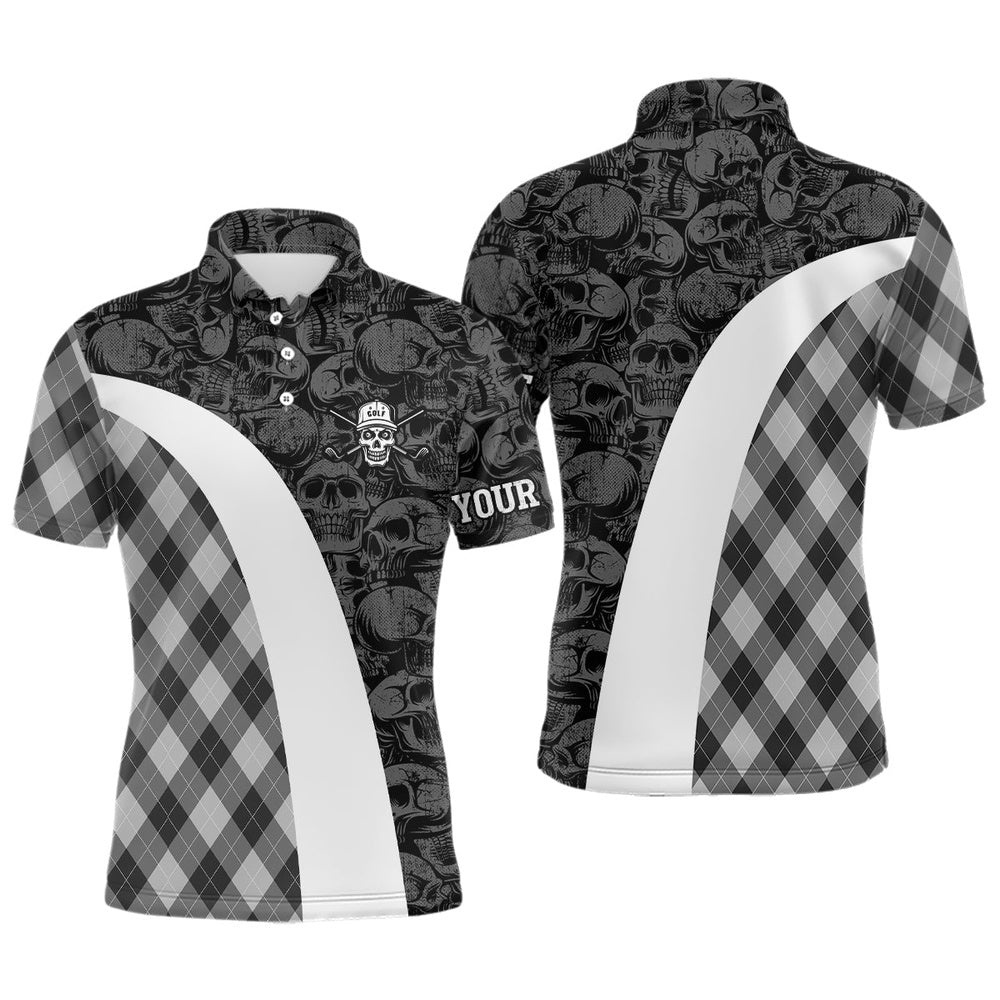 Black And White Men’s Golf Polo Shirt Custom Skull Argyle Plaid Pattern Golf Shirts For Men, Golf Polo Shirt, Golf Shirts