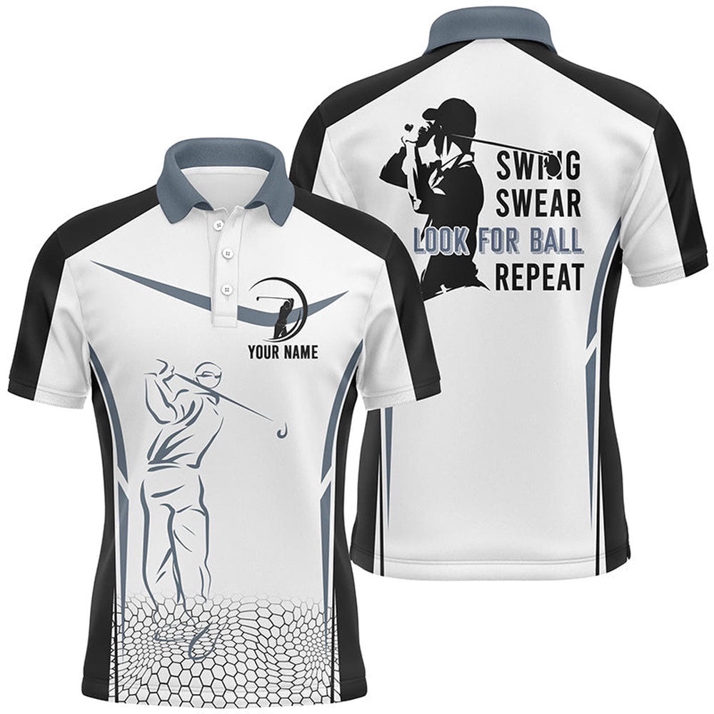 Black And White Men’s Golf Polo Shirt Custom Swing Swear Look For Ball Repeat Men’s Golf Shirts, Golf Polo Shirt, Golf Shirts