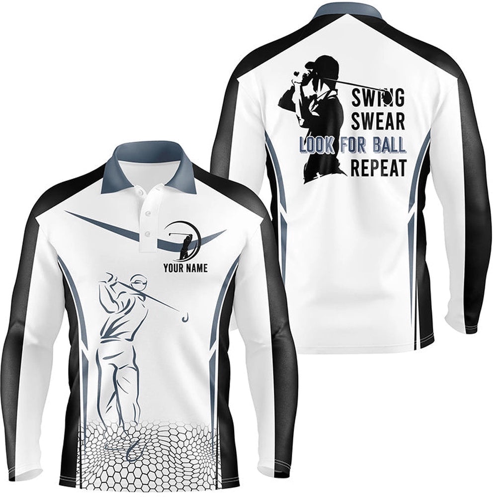 Black And White Men’s Golf Polo Shirt Custom Swing Swear Look For Ball Repeat Men’s Golf Shirts, Golf Polo Shirt, Golf Shirts
