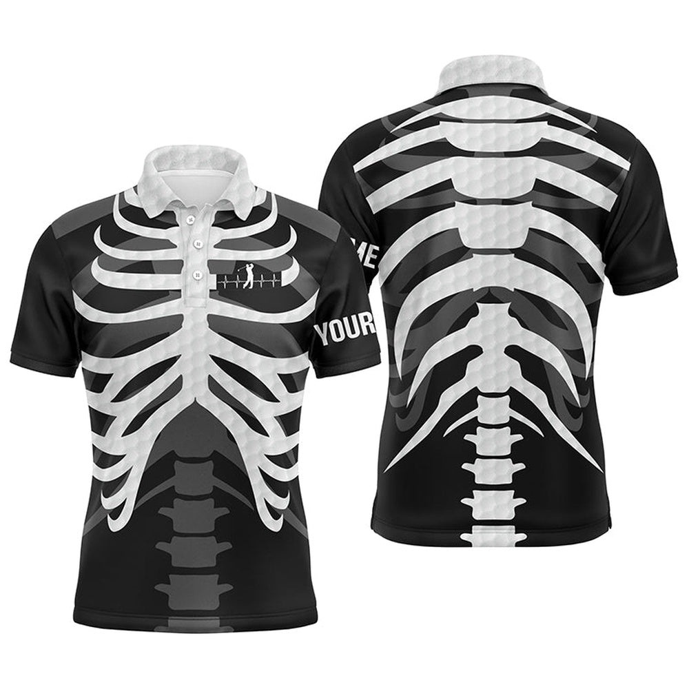 Black And White Men’s Golf Polo Shirts Custom Golf Heartbeat Skeleton Halloween Golf Attire For Men, Golf Polo Shirt, Golf Shirts