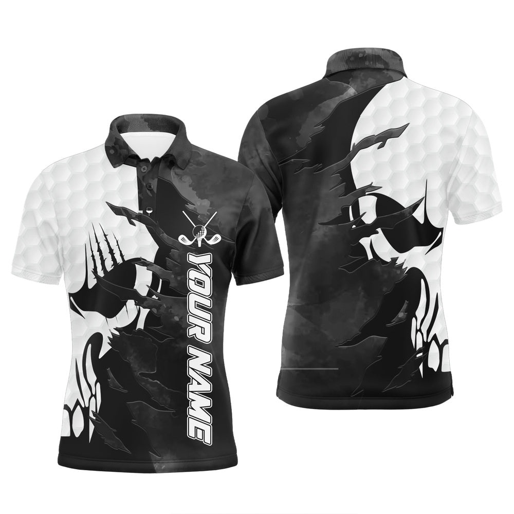 Black And White Men’s Golf Polos Shirts Custom Name Golf Skull Shirts For Men, Golf Polo Shirt, Golf Shirts