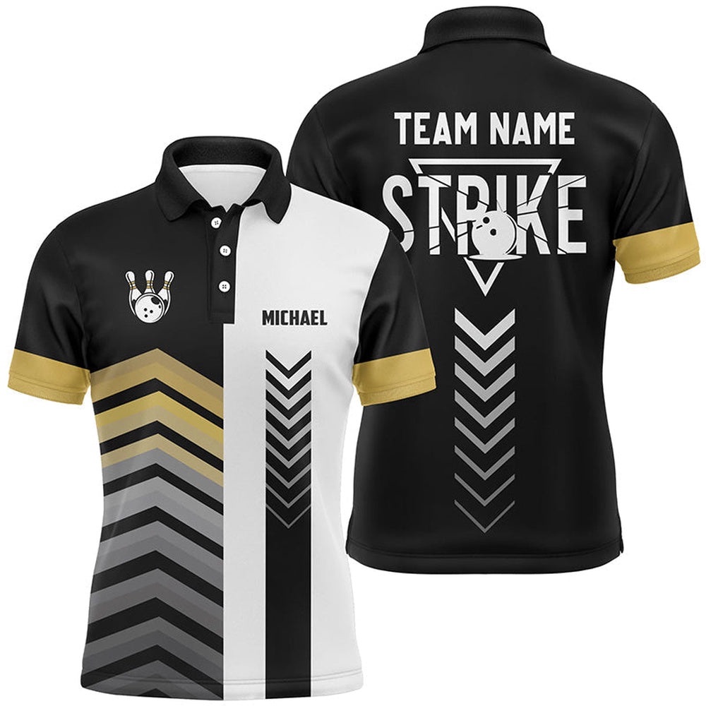 Black And White Mens Polo Bowling Shirts Custom Retro Bowling Ball Pins Team League Polo Shirt Yellow, Personalized Bowling Team Shirt