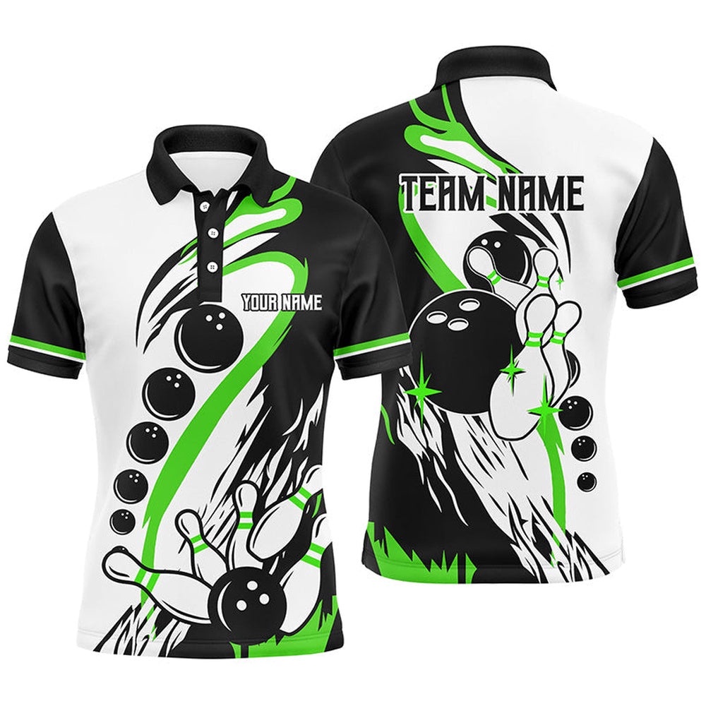 Black And White Retro Bowling League Polo Shirt Custom Men Bowling Polo Shirt, Gifts For Bowlers Green, Personalized Bowling Team Shirt