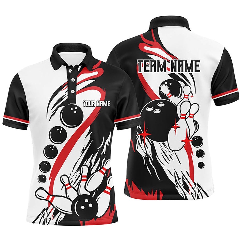 Black And White Retro Bowling League Polo Shirt Custom Men Bowling Polo Shirt, Gifts For Bowlers, Personalized Bowling Team Shirt