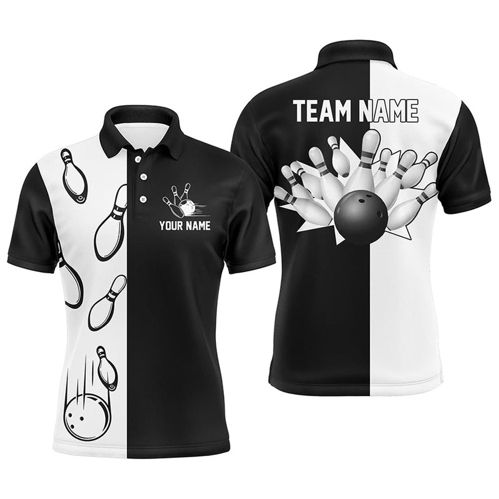 Black And White Retro Vintage Bowling Polo Shirts For Men Custom Bowling Team Polo Shirt, Personalized Bowling Team Shirt