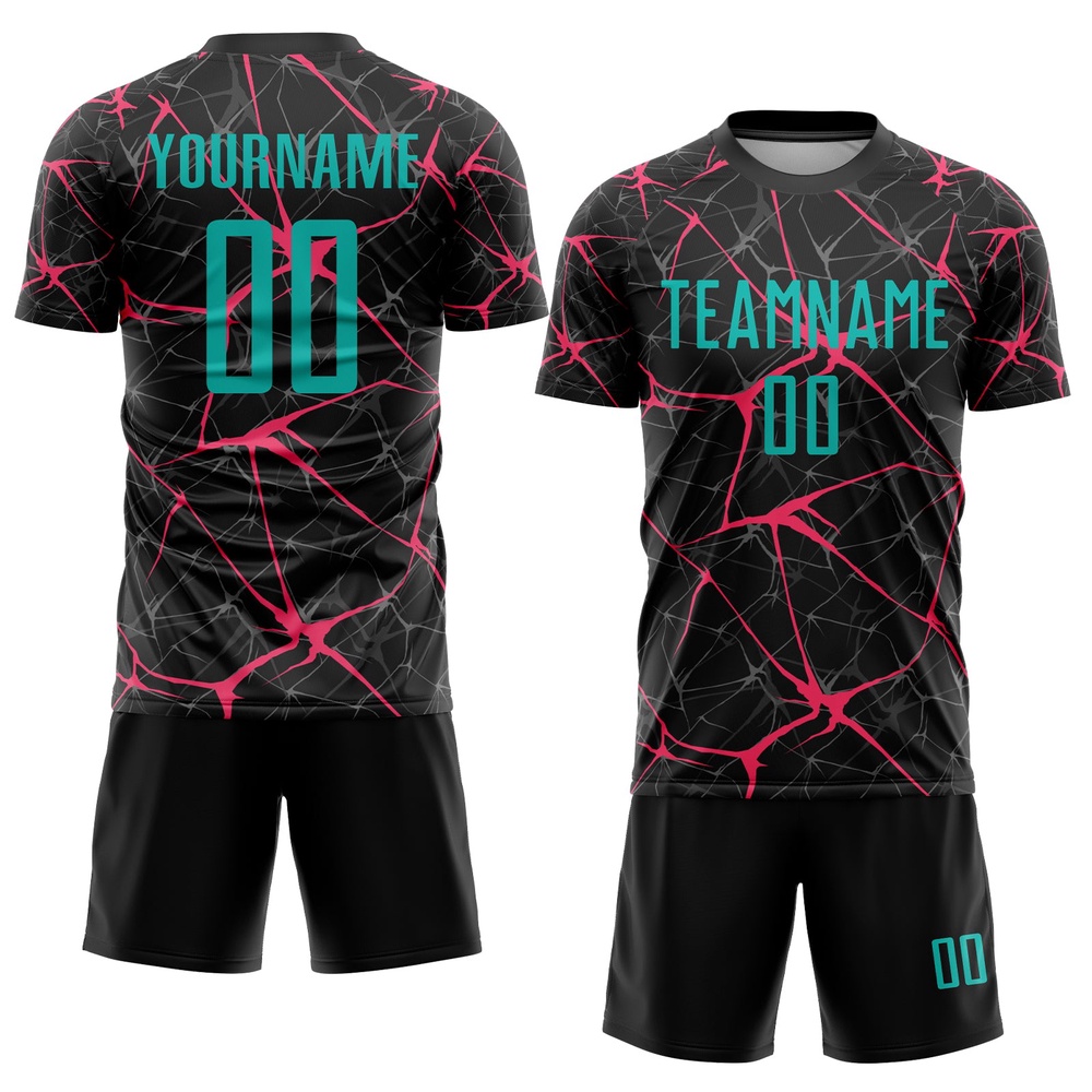 Black Aqua Neon Pink Sublimation Soccer Uniform Jersey, Custom Team Soccer Jersey Shirt