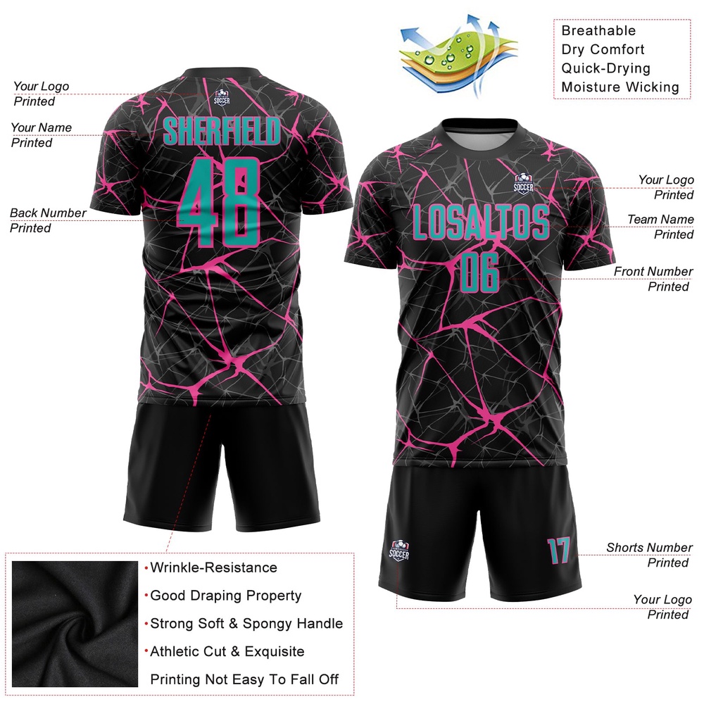 Black Aqua Pink Sublimation Soccer Uniform Jersey, Custom Team Soccer Jersey Shirt
