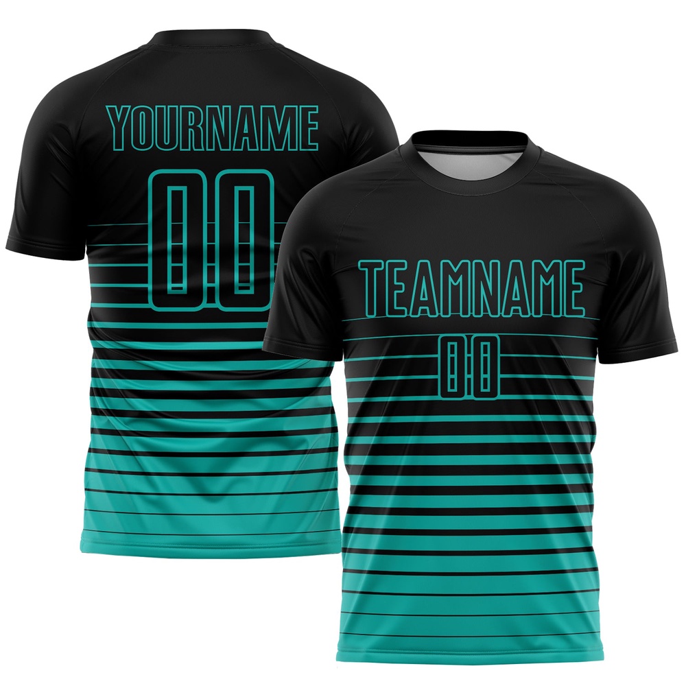 Black Aqua Pinstripe Fade Fashion Sublimation Soccer Uniform Jersey, Custom Team Soccer Jersey Shirt