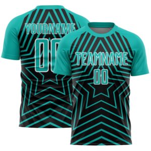 Black Aqua White Stars Sublimation Soccer Uniform Jersey, Custom Team Soccer Jersey Shirt