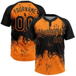 Black Bay Orange 3D Pattern Abstract Splatter Grunge Art Two Button Unisex Softball Jersey, Custom Team Softball Jersey