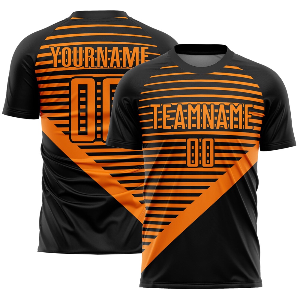 Black Bay Orange Stripes Sublimation Soccer Uniform Jersey, Custom Team Soccer Jersey Shirt