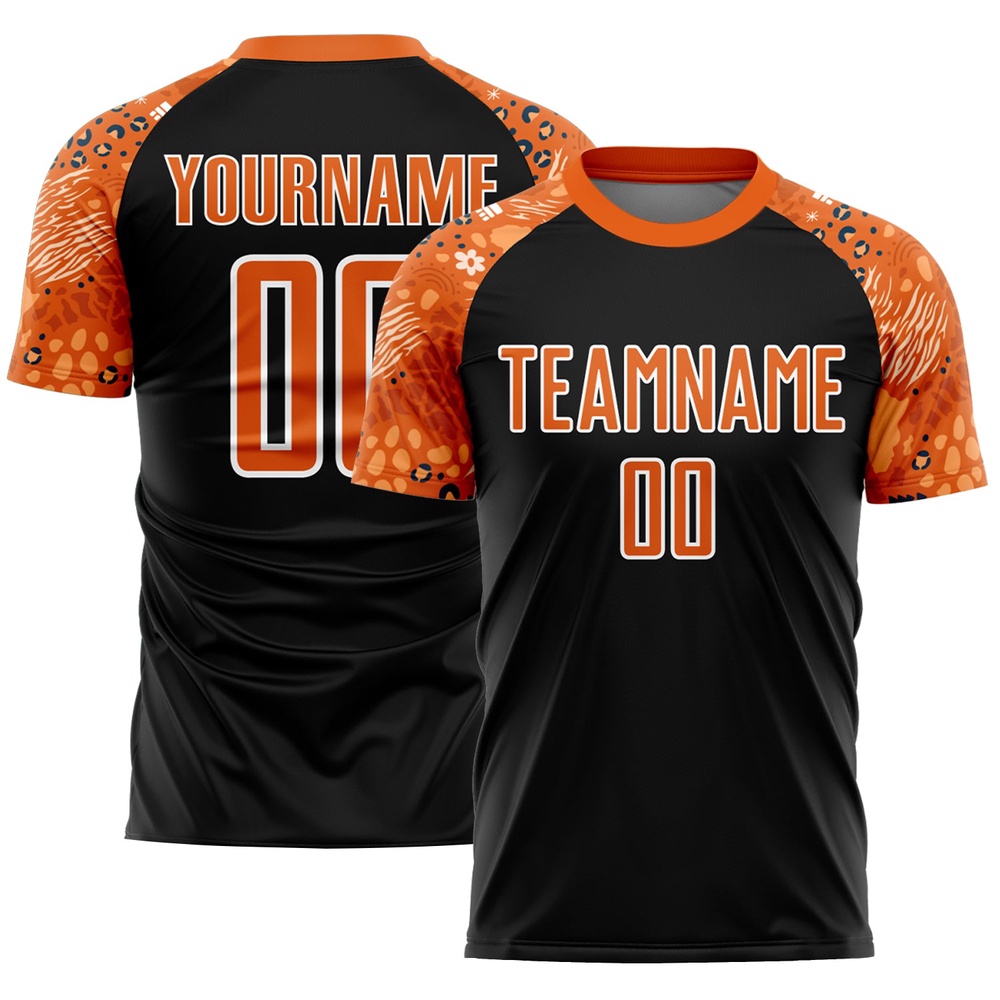 Black Bay Orange White African Pattern Sublimation Soccer Uniform Jersey, Custom Team Soccer Jersey Shirt