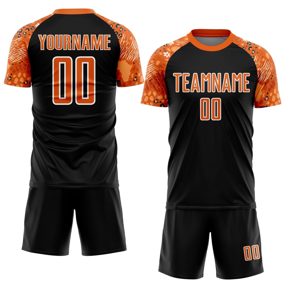 Black Bay Orange White African Pattern Sublimation Soccer Uniform Jersey, Custom Team Soccer Jersey Shirt