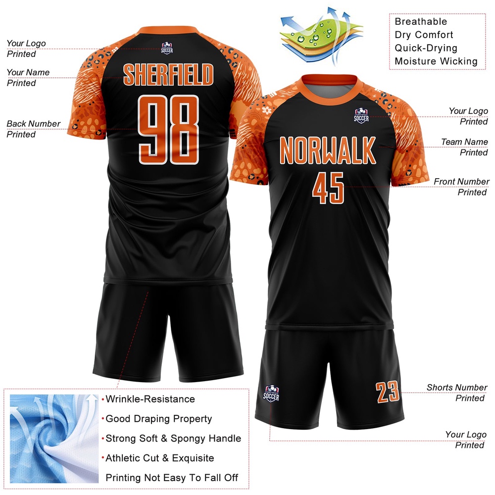 Black Bay Orange White African Pattern Sublimation Soccer Uniform Jersey, Custom Team Soccer Jersey Shirt