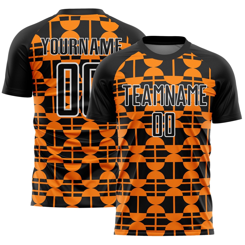 Black Bay Orange White Geometric Shapes Sublimation Soccer Uniform Jersey, Custom Team Soccer Jersey Shirt