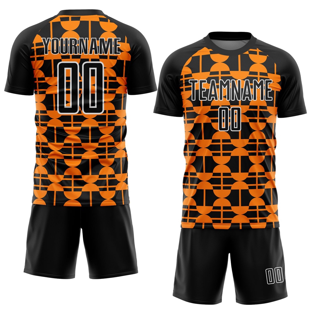 Black Bay Orange White Geometric Shapes Sublimation Soccer Uniform Jersey, Custom Team Soccer Jersey Shirt