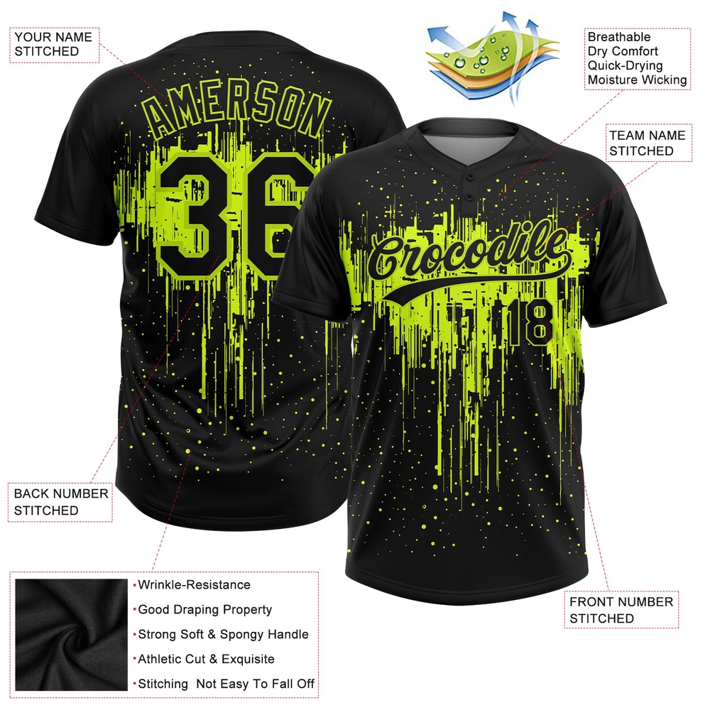 Black Black Neon Green 3D Pattern Two Button Unisex Softball Jersey, Custom Team Softball Jersey