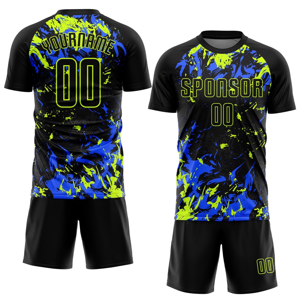 Black Black Neon Green Royal Sublimation Soccer Uniform Jersey, Custom Team Soccer Jersey Shirt