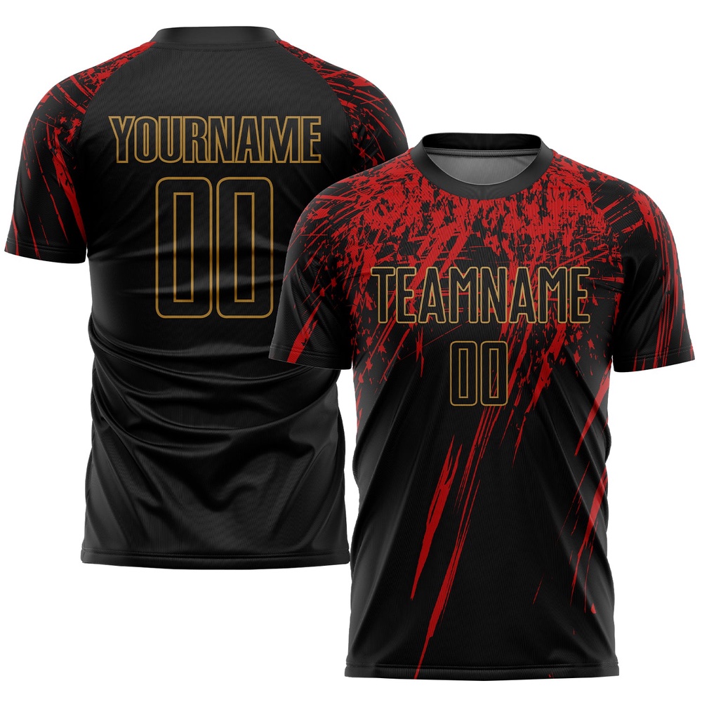 Black Black Old Gold Red Sublimation Soccer Uniform Jersey, Custom Team Soccer Jersey Shirt