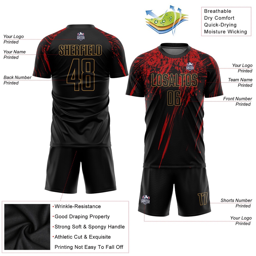 Black Black Old Gold Red Sublimation Soccer Uniform Jersey, Custom Team Soccer Jersey Shirt