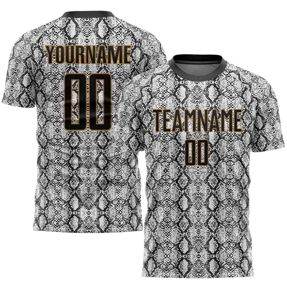 Black Black Old Gold Sublimation Snakeskin Soccer Uniform Jersey, Custom Team Soccer Jersey Shirt