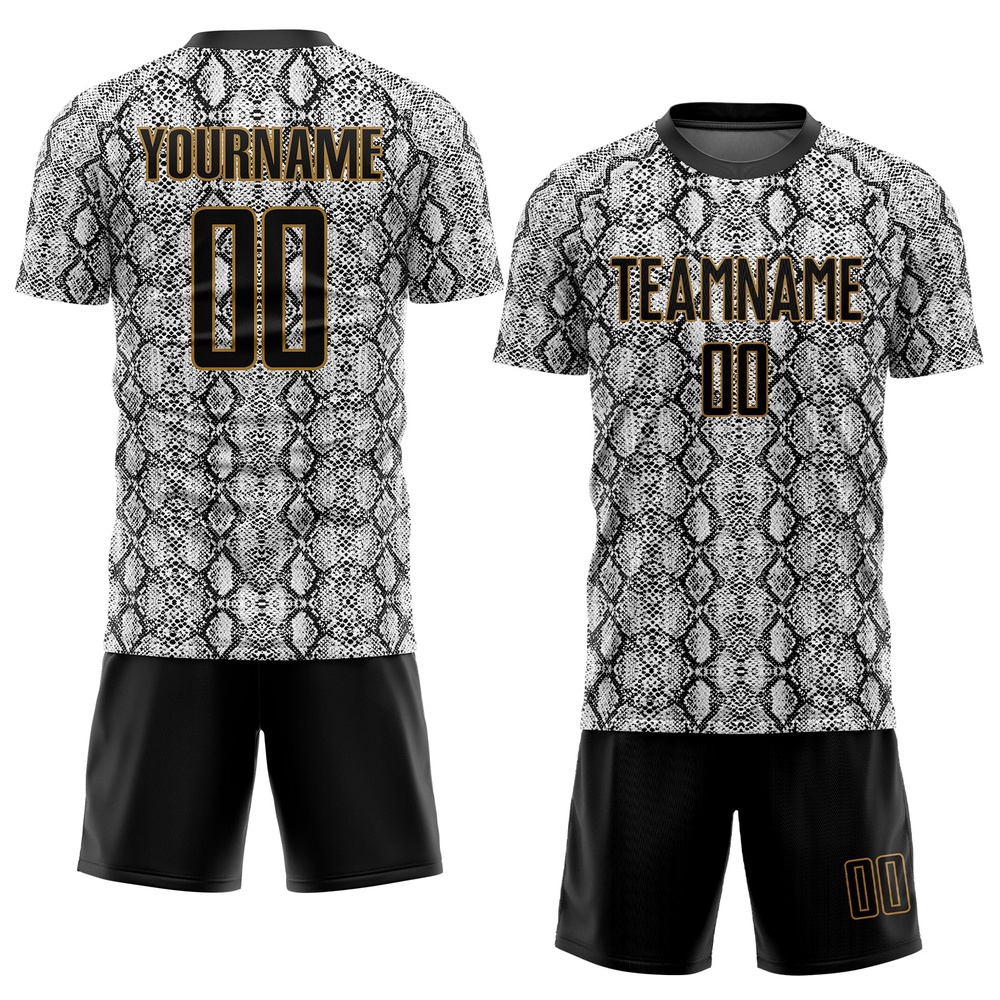 Black Black Old Gold Sublimation Snakeskin Soccer Uniform Jersey, Custom Team Soccer Jersey Shirt