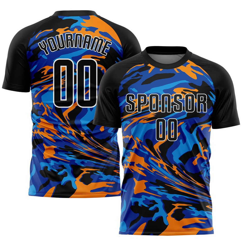 Black Black Royal Orange Sublimation Soccer Uniform Jersey, Custom Team Soccer Jersey Shirt