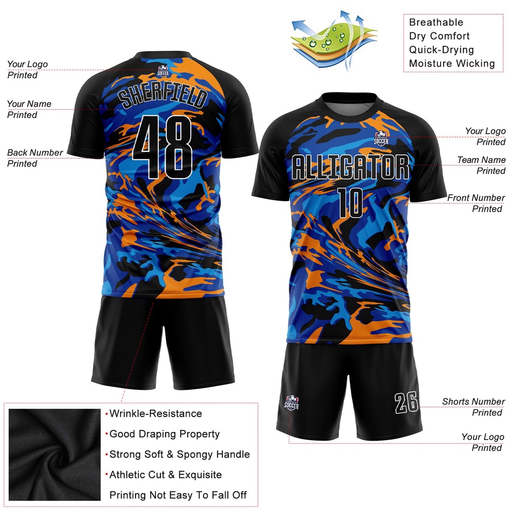 Black Black Royal Orange Sublimation Soccer Uniform Jersey, Custom Team Soccer Jersey Shirt