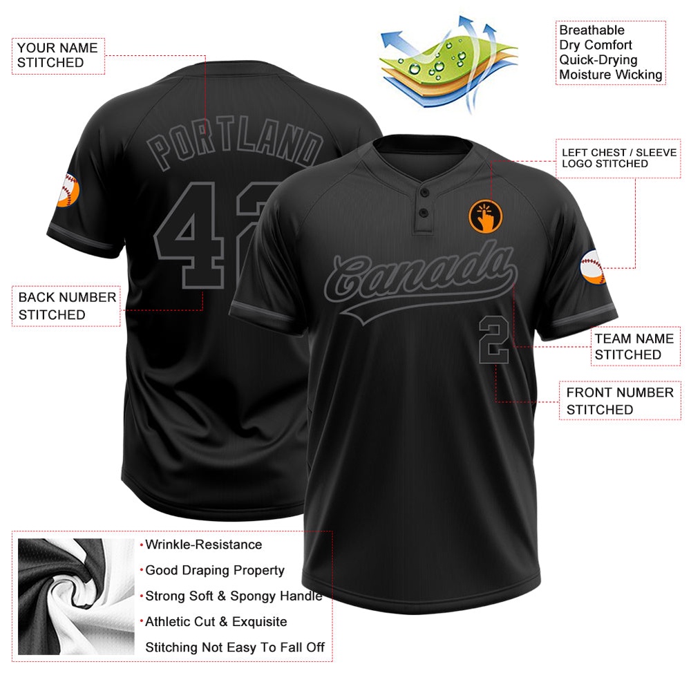 Black Black Steel Gray Two Button Unisex Softball Jersey, Custom Team Softball Jersey