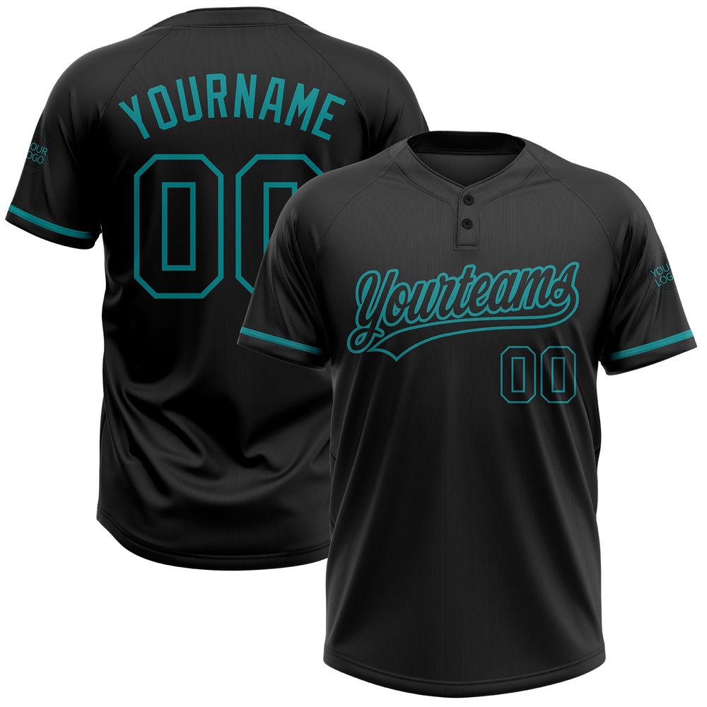 Black Black Teal Two Button Unisex Softball Jersey, Custom Team Softball Jersey