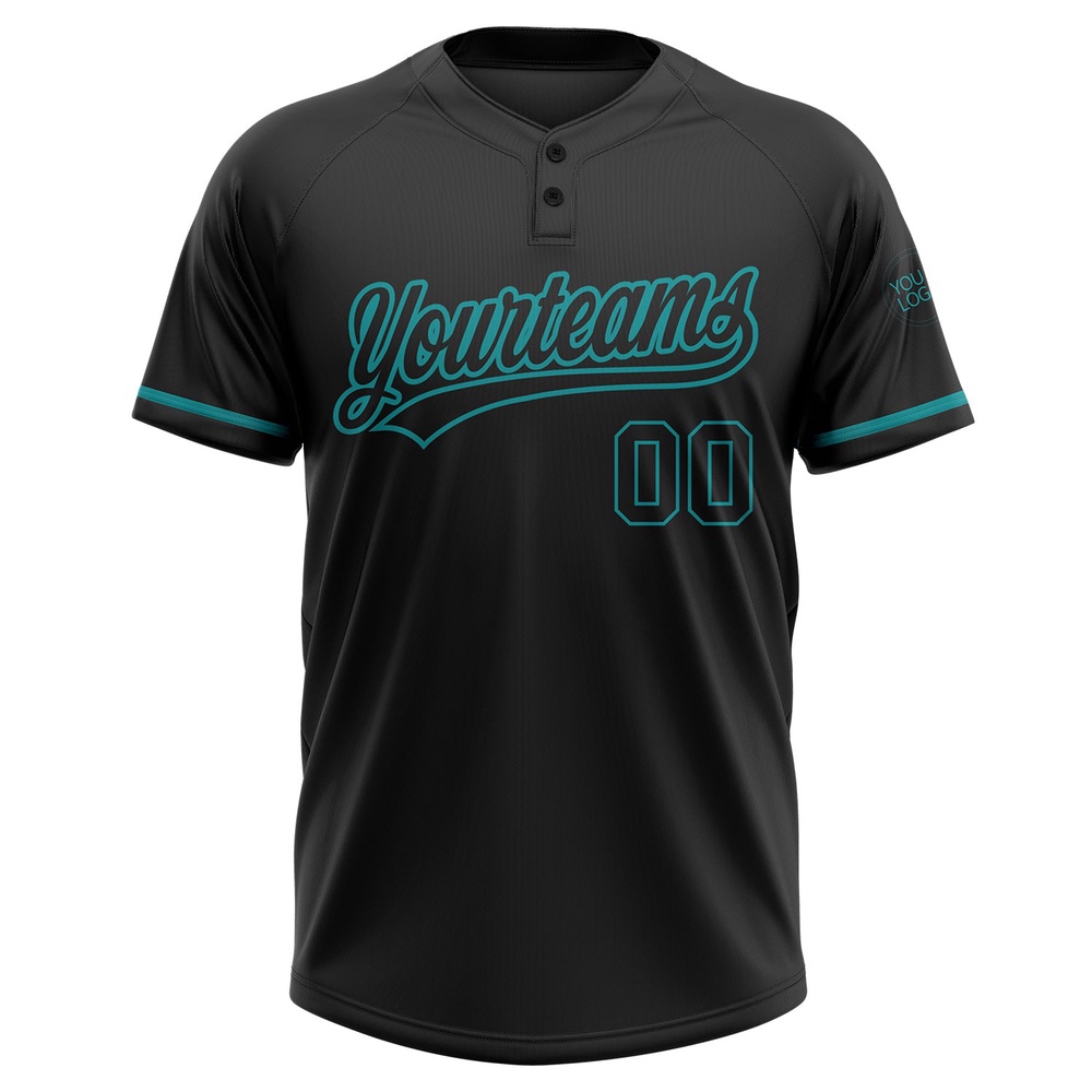 Black Black Teal Two Button Unisex Softball Jersey, Custom Team Softball Jersey