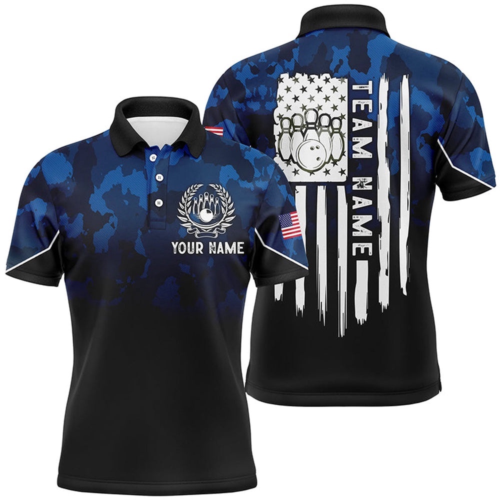 Black Blue Camo Mens Polo Bowling Shirts Custom American Flag Patriotic Bowling Team League Polo Shirt, Personalized Bowling Team Shirt