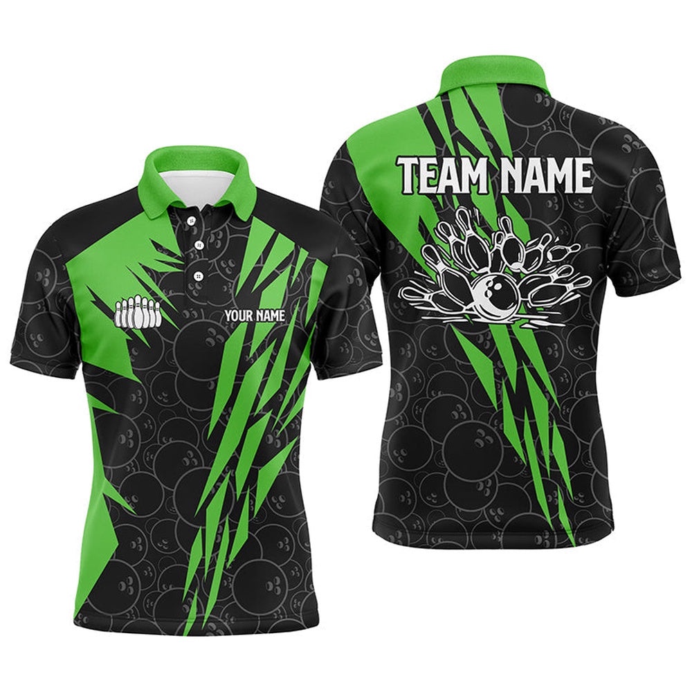 Black Bowling Camo Mens Polo Bowling Shirt Custom Bowling Strike Team League Polo Shirt Green, Personalized Bowling Team Shirt