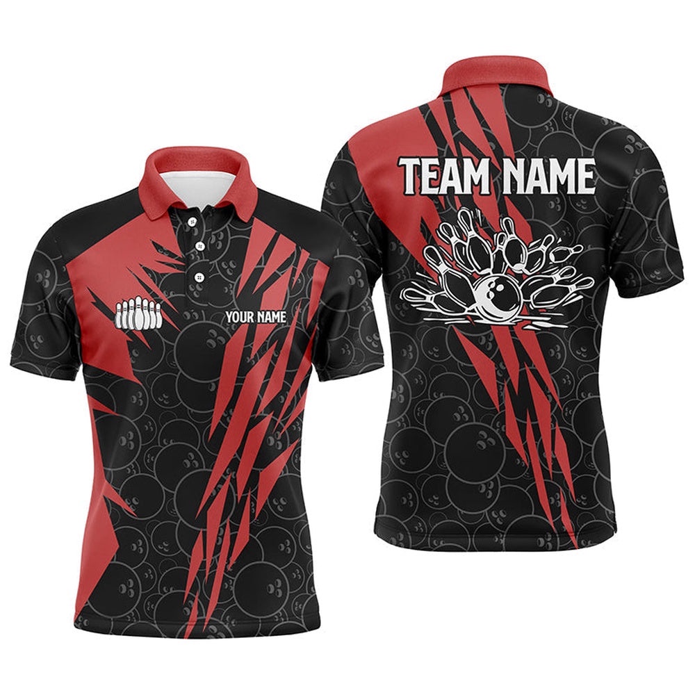 Black Bowling Camo Mens Polo Bowling Shirt Custom Bowling Strike Team League Polo Shirt Red, Personalized Bowling Team Shirt