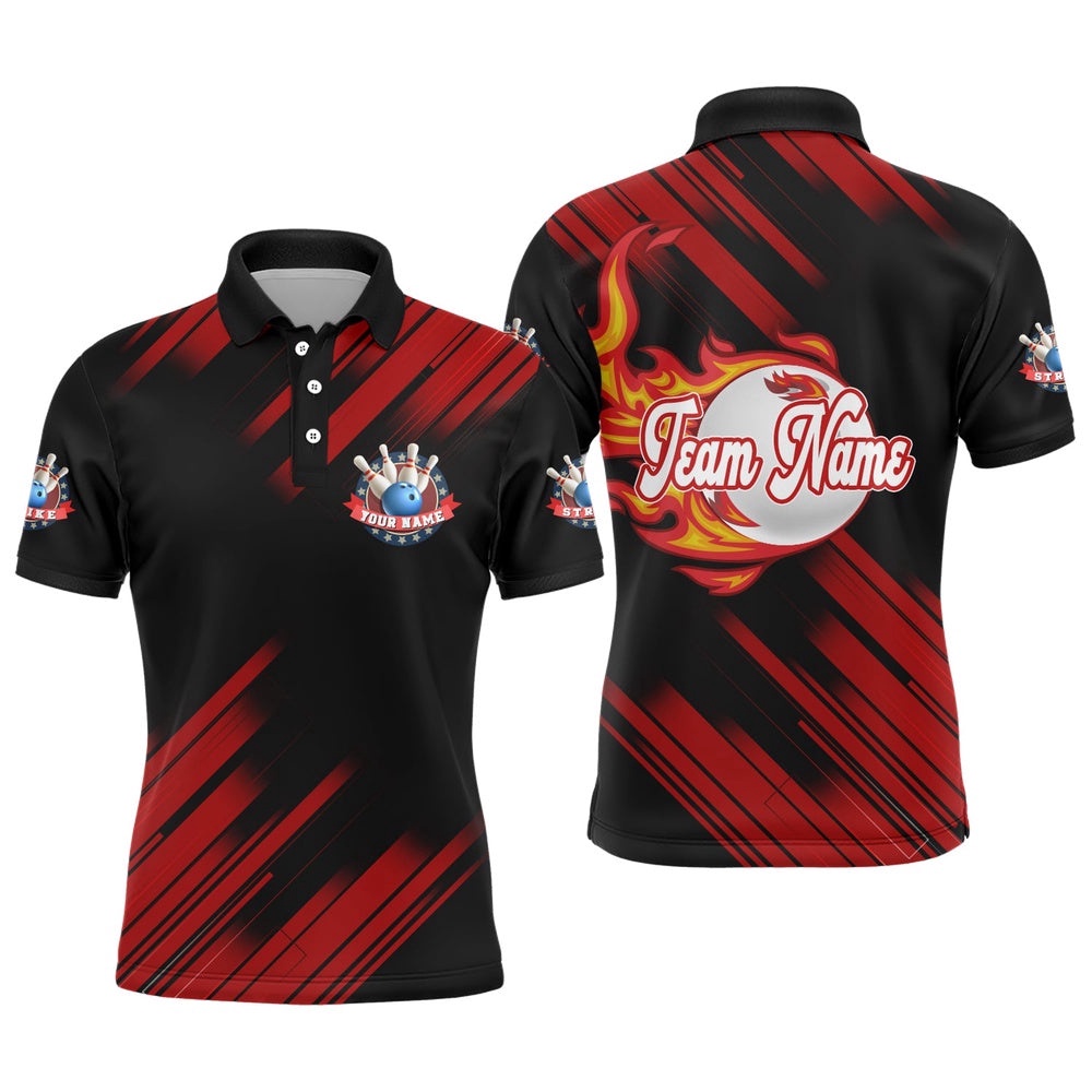 Black Bowling Polo Shirt For Men Custom Flame Bowling Polo Shirt Team Bowling Shirt, Personalized Bowling Team Shirt