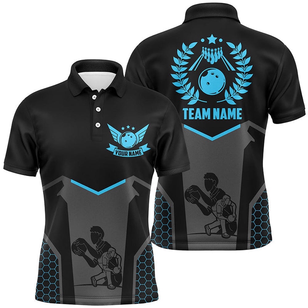 Black Bowling Polo Shirt For Men Custom Retro Bowling Shirts For Team Bowlers Blue, Personalized Bowling Team Shirt