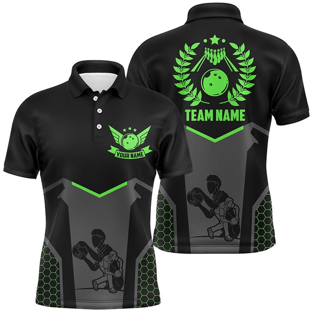 Black Bowling Polo Shirt For Men Custom Retro Bowling Shirts For Team Bowlers Green, Personalized Bowling Team Shirt