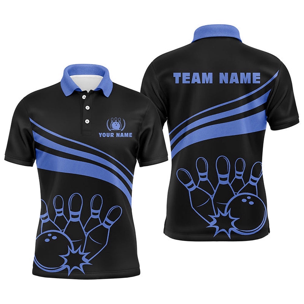 Black Bowling Polo Shirts For Men, Custom Men’s Bowling Shirt Team Bowling Polo Shirt Blue, Personalized Bowling Team Shirt