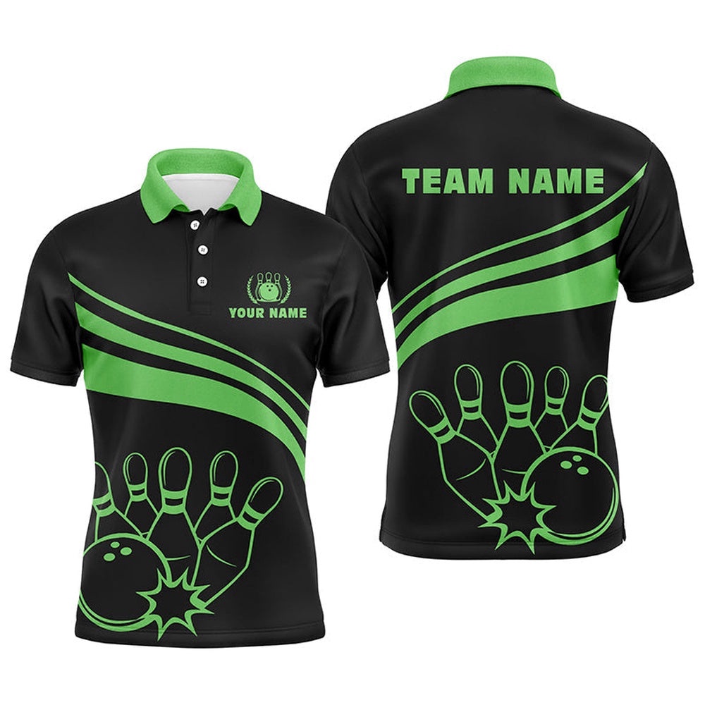 Black Bowling Polo Shirts For Men, Custom Men’s Bowling Shirt Team Bowling Polo Shirt Green, Personalized Bowling Team Shirt
