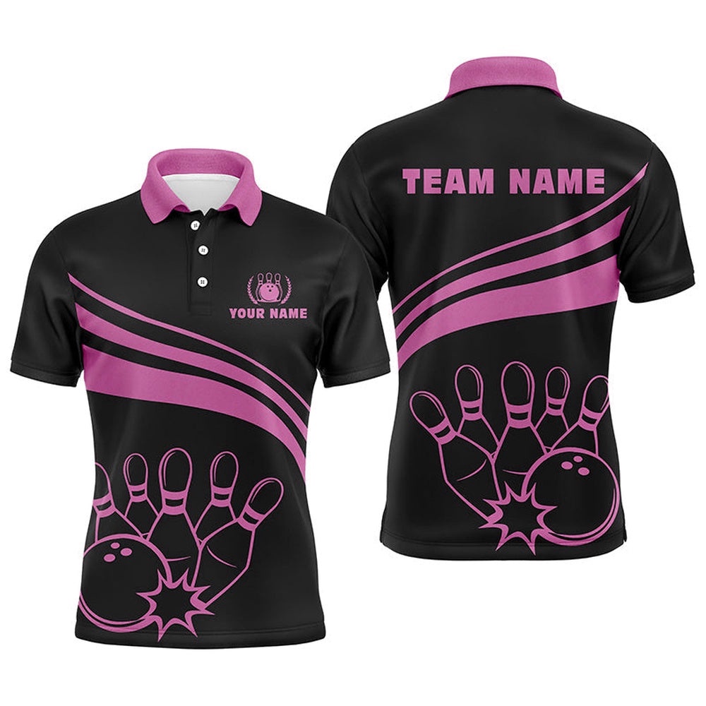 Black Bowling Polo Shirts For Men, Custom Men’s Bowling Shirt Team Bowling Polo Shirt Pink, Personalized Bowling Team Shirt