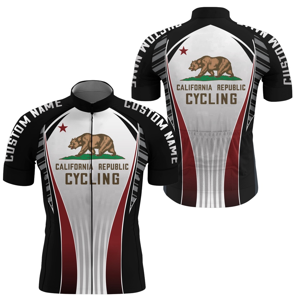 Black California Cycling Jersey For Men  And  Women With 3 Pockets Full Zip Bike Shirt, Custom Mono Cycling Jersey