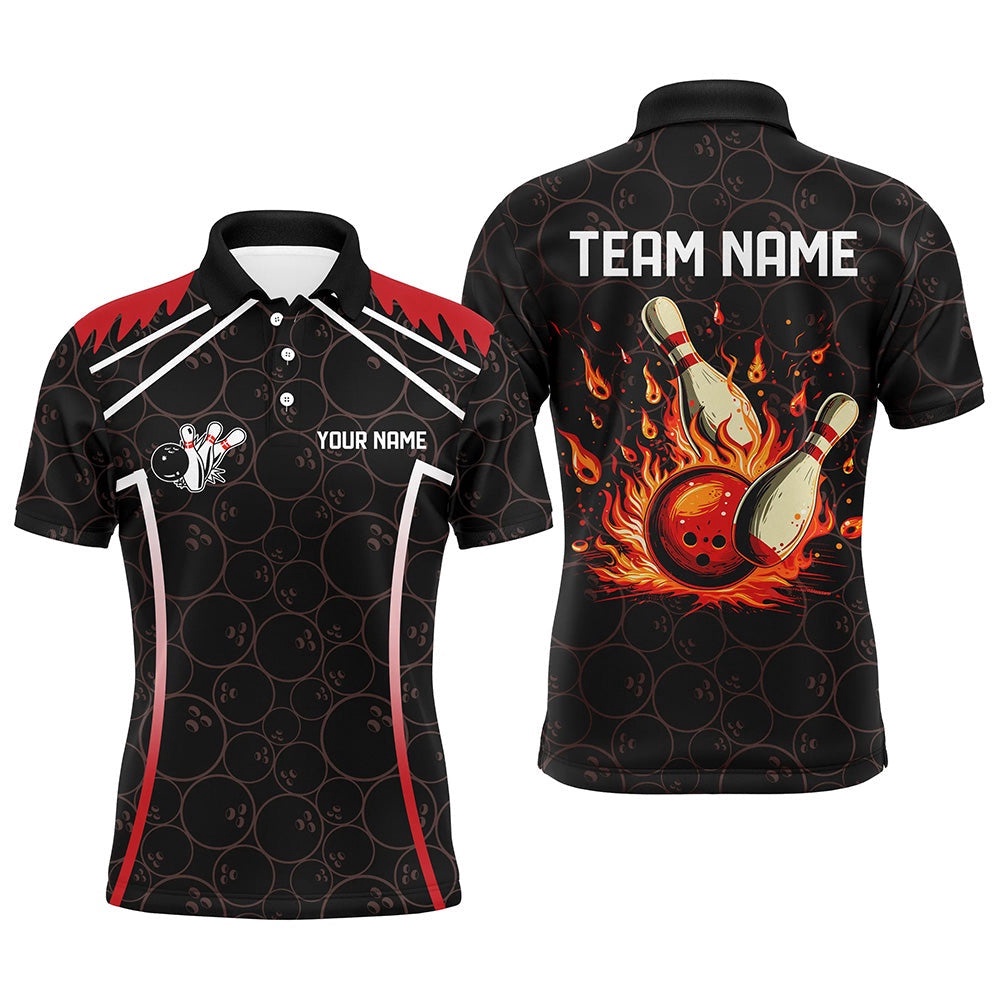 Black Camo Bowling League Polo Shirt For Men Custom Retro Flame Bowling Shirts For Team Bowlers Red, Personalized Bowling Team Shirt