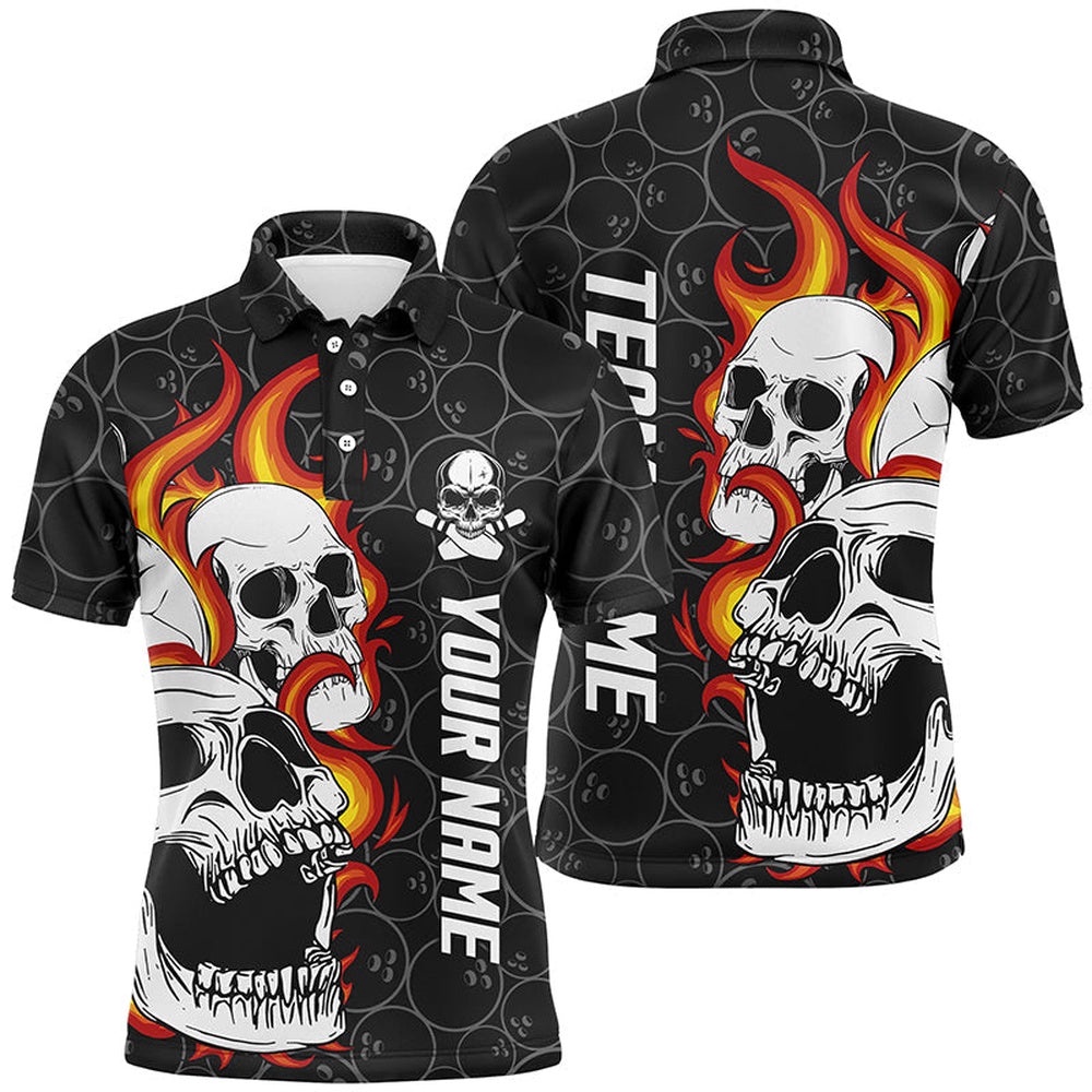 Black Camo Bowling Polo Shirts For Men Custom Flame Skull Bowling Team League Polo Shirt, Personalized Bowling Team Shirt